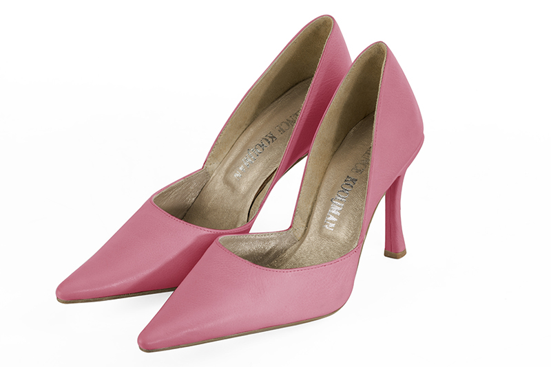 Carnation pink women's open arch dress pumps. Pointed toe. Very high slim heel. Front view - Florence KOOIJMAN